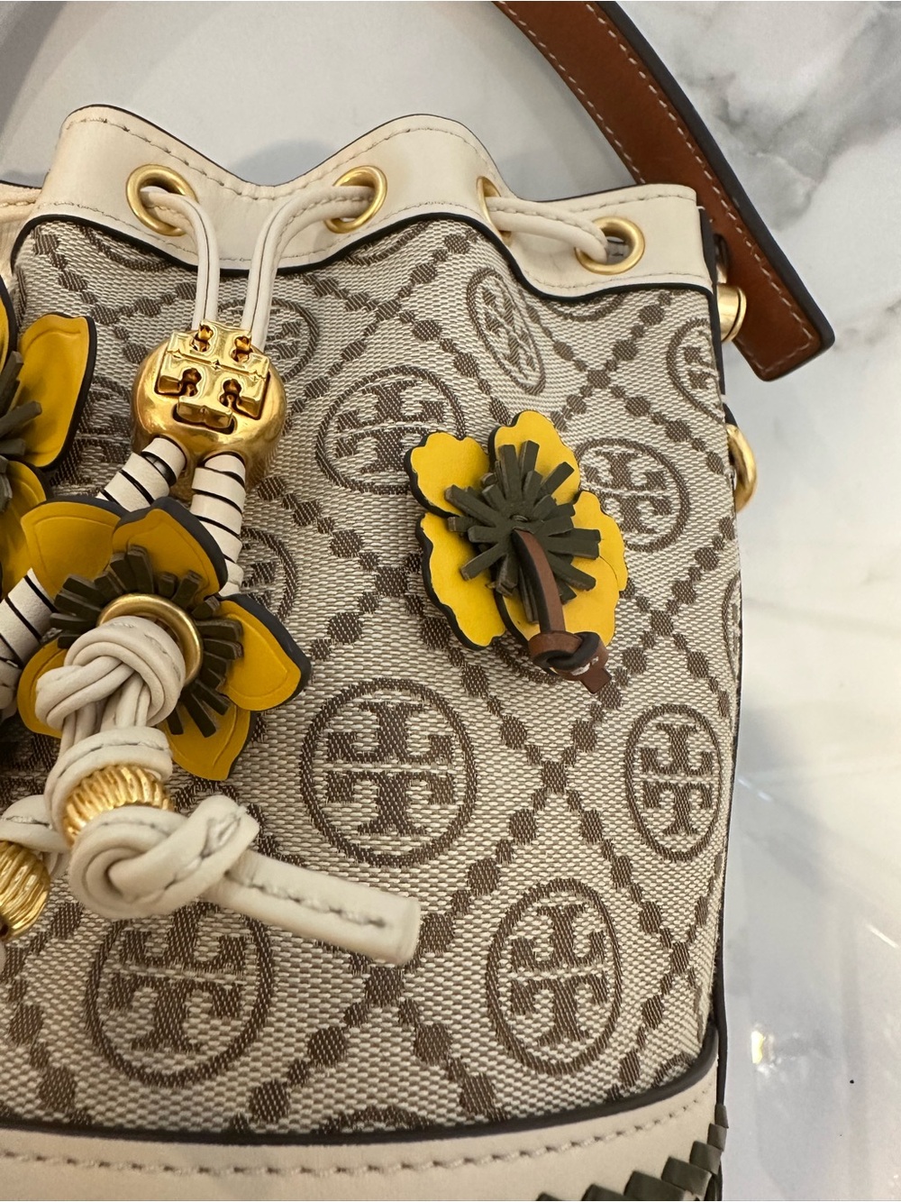 Tory Burch T Monogram Braided Floral Mini Bucket Bag - Picture 8 of 16